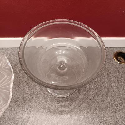 GLASS CAKE PLATE, TEA CUP AND SAUCER, CANDLE HOLDERS AND GLASS PAPER WEIGHT