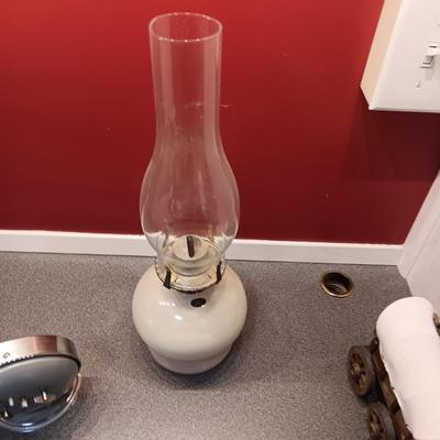 OLDER GLASS OIL LAMP, DETAILED MODEL WAGON AND A STERLING AND NOBLE ALARM CLOCK