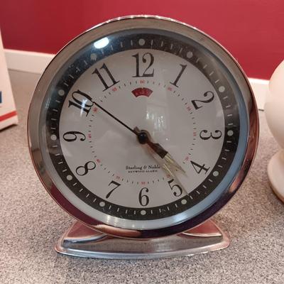 OLDER GLASS OIL LAMP, DETAILED MODEL WAGON AND A STERLING AND NOBLE ALARM CLOCK