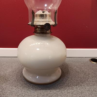OLDER GLASS OIL LAMP, DETAILED MODEL WAGON AND A STERLING AND NOBLE ALARM CLOCK