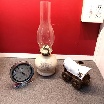 OLDER GLASS OIL LAMP, DETAILED MODEL WAGON AND A STERLING AND NOBLE ALARM CLOCK