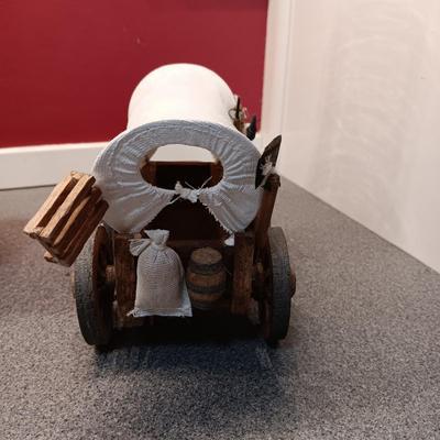 OLDER GLASS OIL LAMP, DETAILED MODEL WAGON AND A STERLING AND NOBLE ALARM CLOCK