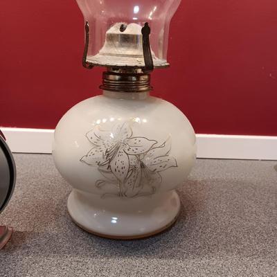 OLDER GLASS OIL LAMP, DETAILED MODEL WAGON AND A STERLING AND NOBLE ALARM CLOCK