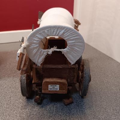 OLDER GLASS OIL LAMP, DETAILED MODEL WAGON AND A STERLING AND NOBLE ALARM CLOCK