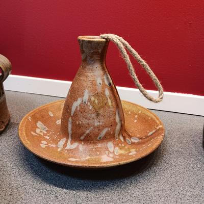 CLAY BEAN POT, MUGS AND A CLAY BIRD FEEDER