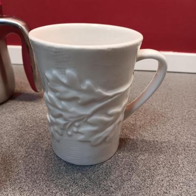 ENAMEL TEA KETTLE, STARBUCKS MUGS AND COFFEE PRESS