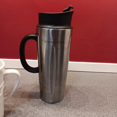 ENAMEL TEA KETTLE, STARBUCKS MUGS AND COFFEE PRESS