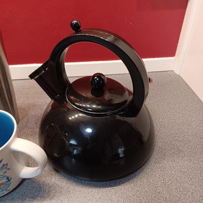 ENAMEL TEA KETTLE, STARBUCKS MUGS AND COFFEE PRESS