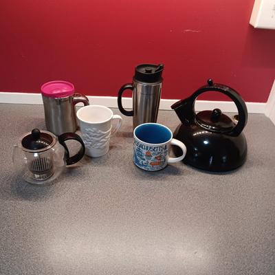 ENAMEL TEA KETTLE, STARBUCKS MUGS AND COFFEE PRESS