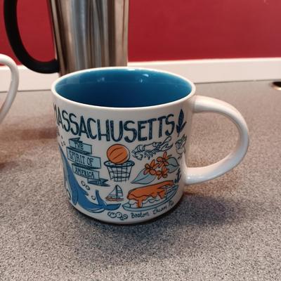 ENAMEL TEA KETTLE, STARBUCKS MUGS AND COFFEE PRESS