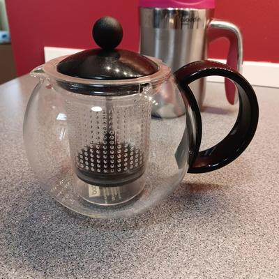 ENAMEL TEA KETTLE, STARBUCKS MUGS AND COFFEE PRESS