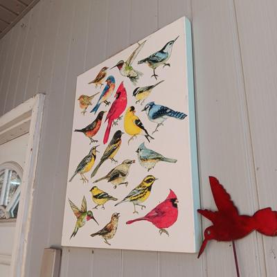 3 METAL TRELLISES, CANVAS PICTURE OF BIRDS AND A STEEL STAKED BIRD