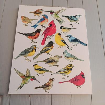 3 METAL TRELLISES, CANVAS PICTURE OF BIRDS AND A STEEL STAKED BIRD