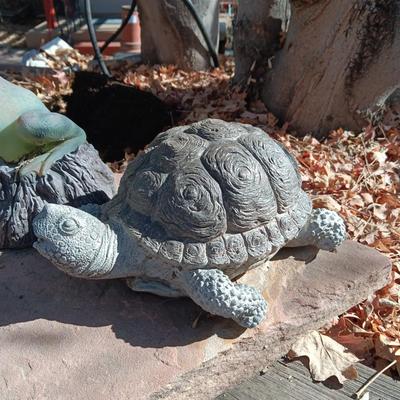 CONCRETE FOUNTAIN TURTLE AND PLASTIC FROG