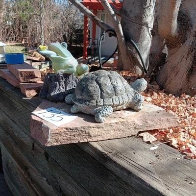 CONCRETE FOUNTAIN TURTLE AND PLASTIC FROG