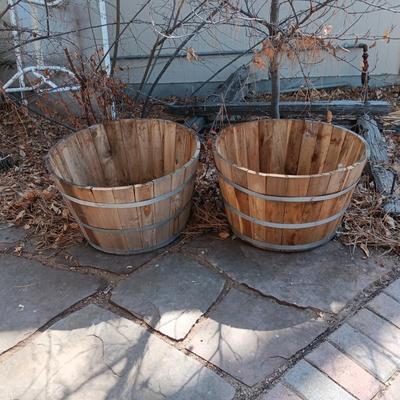 2 LIKE NEW WHISKEY BARREL PLANTERS