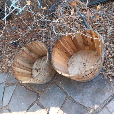 2 LIKE NEW WHISKEY BARREL PLANTERS