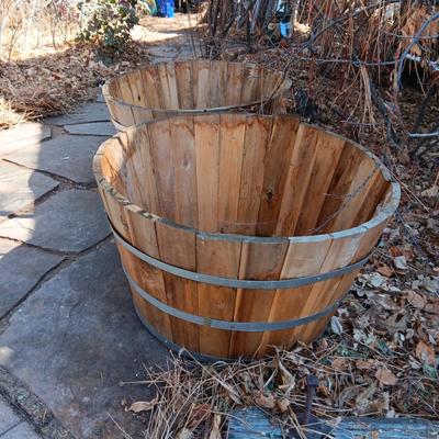 2 LIKE NEW WHISKEY BARREL PLANTERS