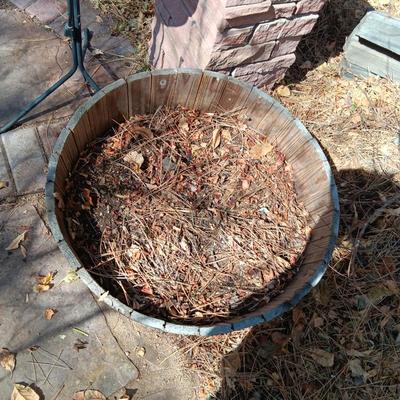 WHISKEY BARREL PLANTER AND A HEATED BIRD BATH
