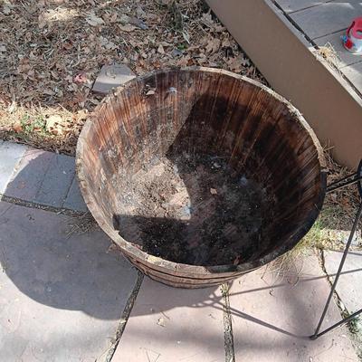 WHISKEY BARREL PLANTER AND PLANT STAND WITH FLOWER POT