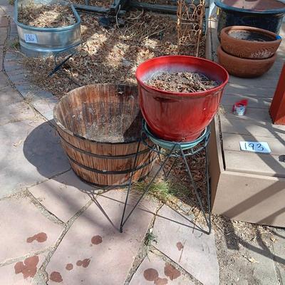 WHISKEY BARREL PLANTER AND PLANT STAND WITH FLOWER POT