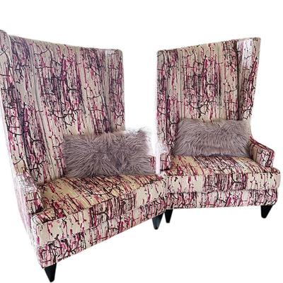 Furniture - Modern Asymmetrical High Back Wing Chair Pair w/ faux fur pillows