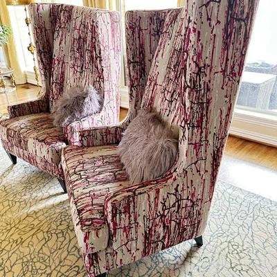 Furniture - Modern Asymmetrical High Back Wing Chair Pair w/ faux fur pillows