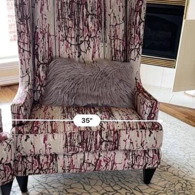 Furniture - Modern Asymmetrical High Back Wing Chair Pair w/ faux fur pillows