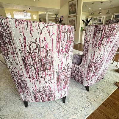 Furniture - Modern Asymmetrical High Back Wing Chair Pair w/ faux fur pillows