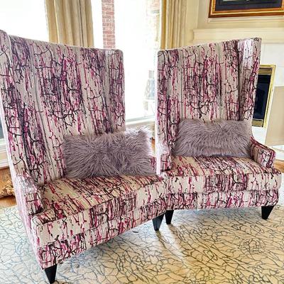 Furniture - Modern Asymmetrical High Back Wing Chair Pair w/ faux fur pillows