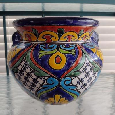 Hand Painted Mexican Pottery Planter- Approx 9 1/2" in Diameter