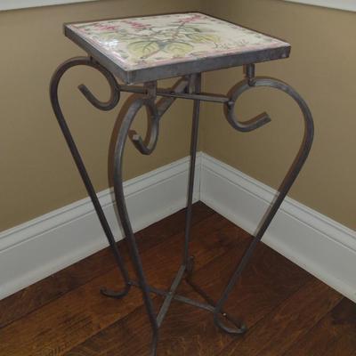 Metal Scroll Design Plant Stand with Tile Top- Approx 8 1/2" in Diameter, 21 1/4" Tall
