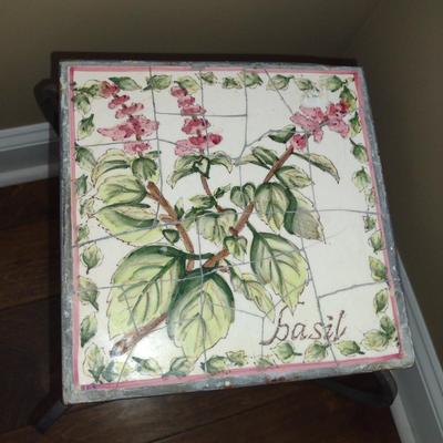 Metal Scroll Design Plant Stand with Tile Top- Approx 8 1/2" in Diameter, 21 1/4" Tall