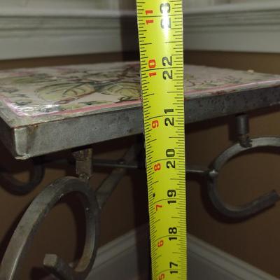 Metal Scroll Design Plant Stand with Tile Top- Approx 8 1/2" in Diameter, 21 1/4" Tall