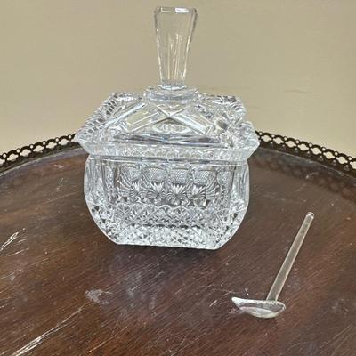Vintage crystal condiment jar with spoon