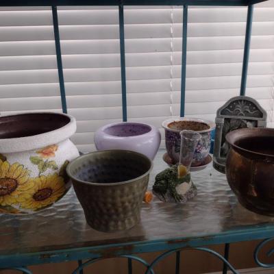 Assorted Planter Pots and Patio Decor- Assorted Ceramic, Metal, and Resin