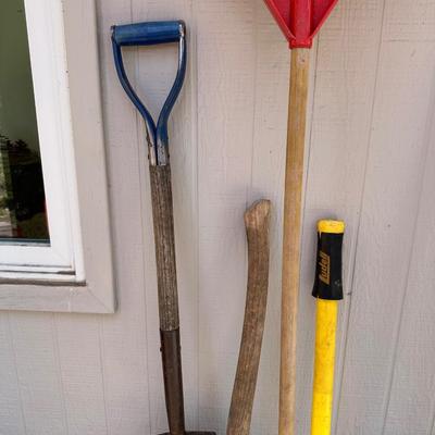 SLEDGE HAMMER, AXE AND VARIOUS YARD TOOLS
