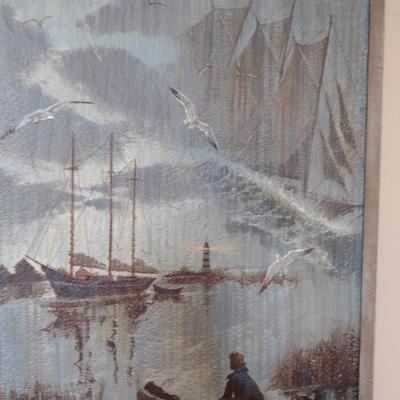 Framed Stan Robinson Nautical Painting on Rough Textured Canvas- Approx 24" x 29 1/2"