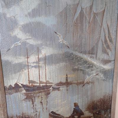 Framed Stan Robinson Nautical Painting on Rough Textured Canvas- Approx 24" x 29 1/2"