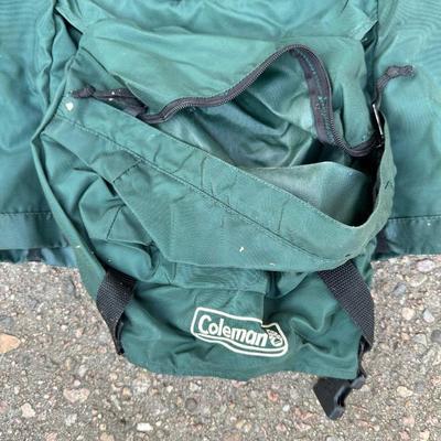 COLEMAN BACKPACK, 2 DUPONT SLEEPING BAGS, FOLDING CAMPING COT PLUS HIKING BOOTS SIZE 11