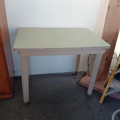 METAL WORK TABLE WITH FORMICA TOP PLUS A SWIVEL TOP STOOL