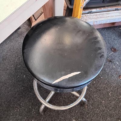 METAL WORK TABLE WITH FORMICA TOP PLUS A SWIVEL TOP STOOL