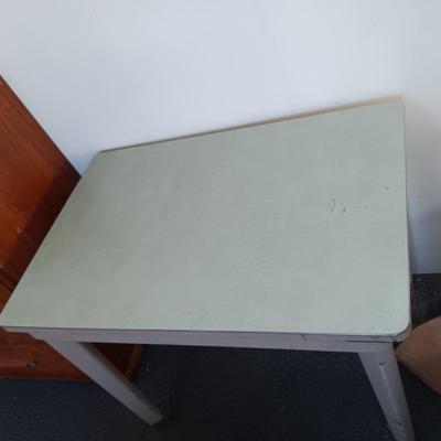 METAL WORK TABLE WITH FORMICA TOP PLUS A SWIVEL TOP STOOL