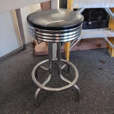 METAL WORK TABLE WITH FORMICA TOP PLUS A SWIVEL TOP STOOL