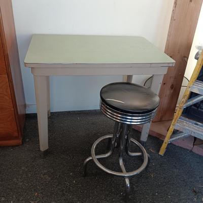 METAL WORK TABLE WITH FORMICA TOP PLUS A SWIVEL TOP STOOL