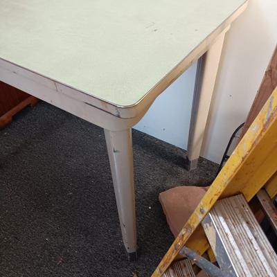 METAL WORK TABLE WITH FORMICA TOP PLUS A SWIVEL TOP STOOL