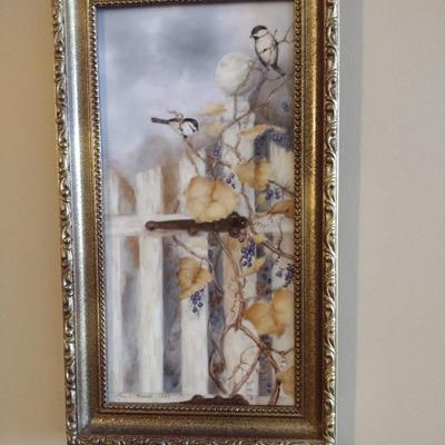 Framed Hand Painted Ceramic Tile by Local Artist- Chickadee and Grapes- Approx 8" x 13 1/2"