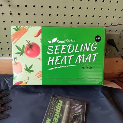 LARGE, THICK TARP, ELECTRIC CORDLESS GRASS TRIMMERS, SEEDLING HEAT MAT AND MOISTURE METER