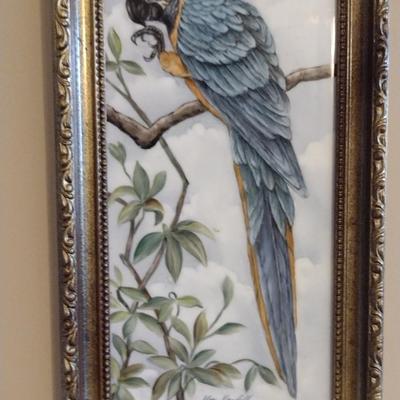 Framed Hand Painted Ceramic Tile by Local Artist- Blue-and-Gold Macaw- Approx 8" x 14"