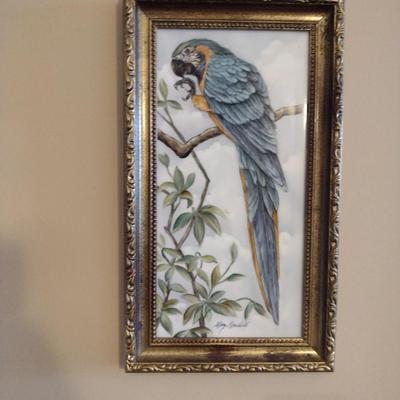 Framed Hand Painted Ceramic Tile by Local Artist- Blue-and-Gold Macaw- Approx 8" x 14"